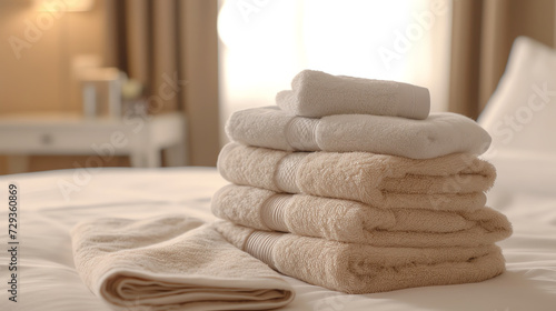 Towels on bed in hotel room, closeup. Interior design