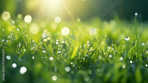 Fresh morning dew on a spring grass in early morning. Sunny day concept. Natural background