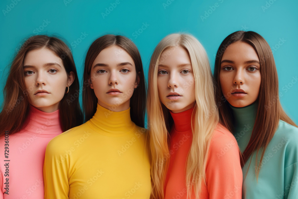 Four Women in Colorful Turtlenecks Posing Four Women in Colorful Turtlenecks Posing