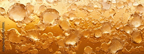 a glas of light light yellow brown soda, with alot of bubbles and smal fizzes and couple of ice cubes. Zoomed in so we see the top half of the glas, Perspective zoomed in on surface, from slighty abov photo