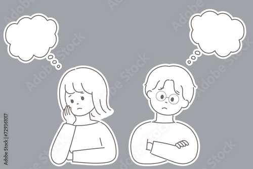 考え事をして頭からもやが出ている男女のイラスト