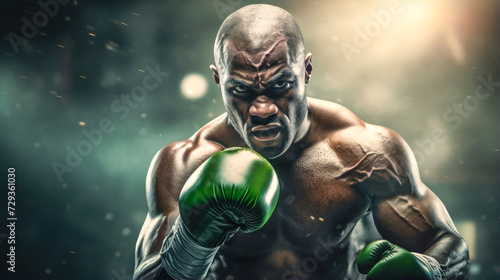 Boxer in Light Green and Black Delivering a Punch with Dramatic Effect