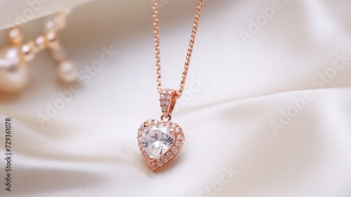 Golden necklace with crystals on white silk background, rose gold, single diamond pendant. Beautiful accessories for women. Elegant jewelery gift or present for wedding or saint valentine's day