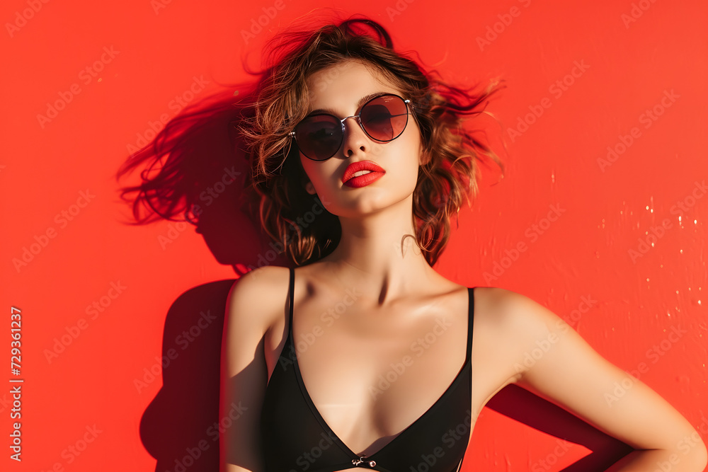 sexy Beautiful young woman in tank swimsuit on red background sexy Beautiful young woman in tank swimsuit on red background