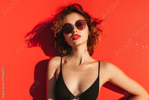 sexy Beautiful young woman in tank swimsuit on red background 