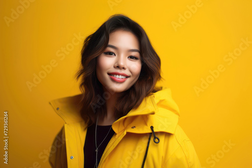Young Asian woman in a yellow raincoat