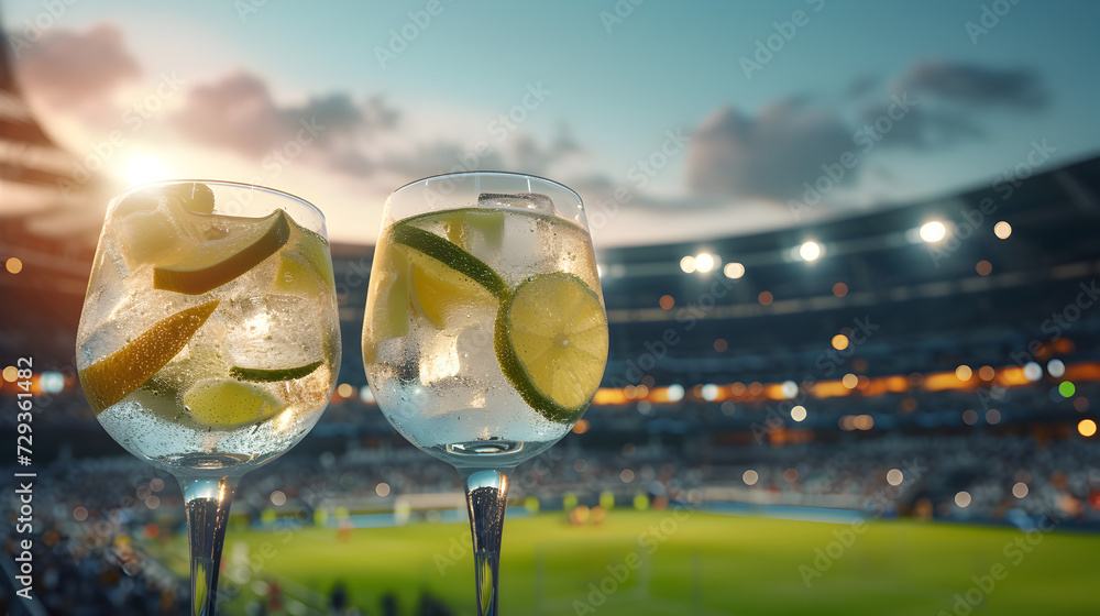 Obraz premium Cinematic wide angle photograph of two gin tonic sparkling cocktail with lime at a soccer stadium. Product photography.