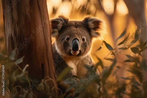 Koala Peeking from Behind a Tree at Dawn