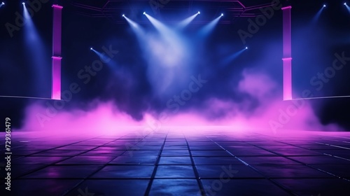 The dark stage shows, empty dark blue, purple, pink background, neon light, spotlights, The asphalt floor and studio room with smoke float up the interior texture for display 