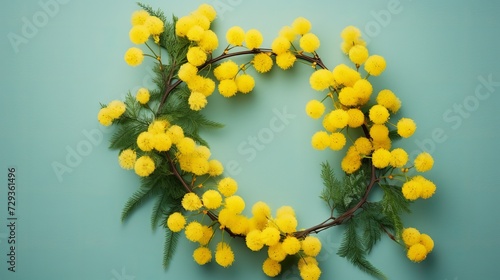 Greeting Card International Women's Day on March 8th. Branches of mimosa in the form of number eight