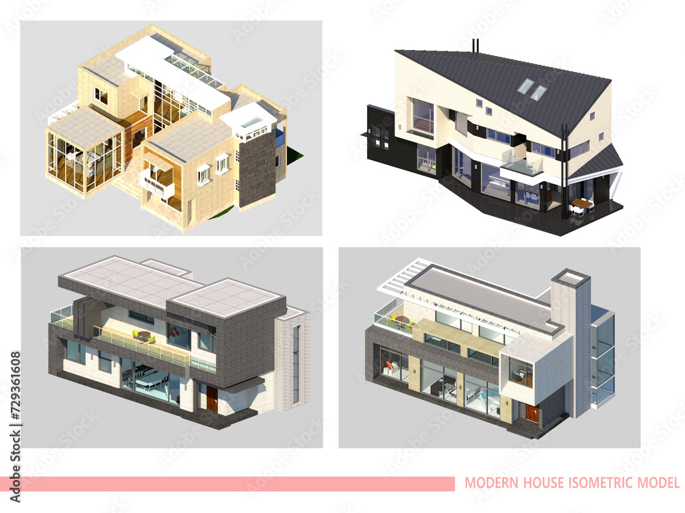 set of modern house icons, 3d rendering of a modern house collection set of modern house icons, 3d rendering of a modern house collection