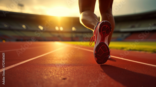 Close-up view of an athlete's legs sprinting along a stadium racetrack.