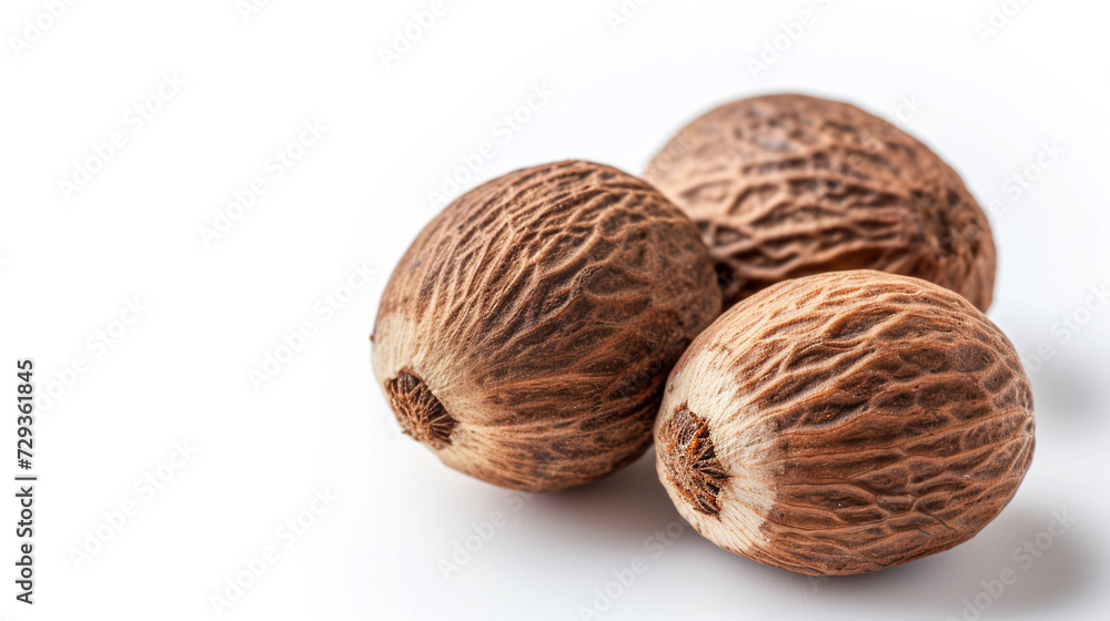 The Close Up Photography of Three Nutmeg Seeds, Textured Detail, Isolated On White, Perfect For Educational Content Or Spice Displays. The Close Up Photography of Three Nutmeg Seeds, Textured Detail, Isolated On White, Perfect For Educational Content Or Spice Displays.