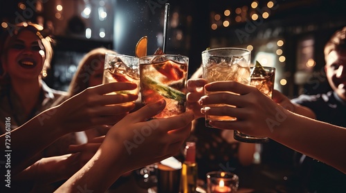 Group of friends partying in a nightclub and toasting drinks. Happy young people with cocktails at pub