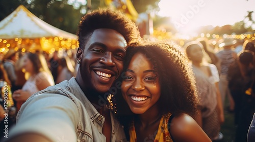 Happy African American couple dancing and taking selfie with cell phone during summer music festival.
