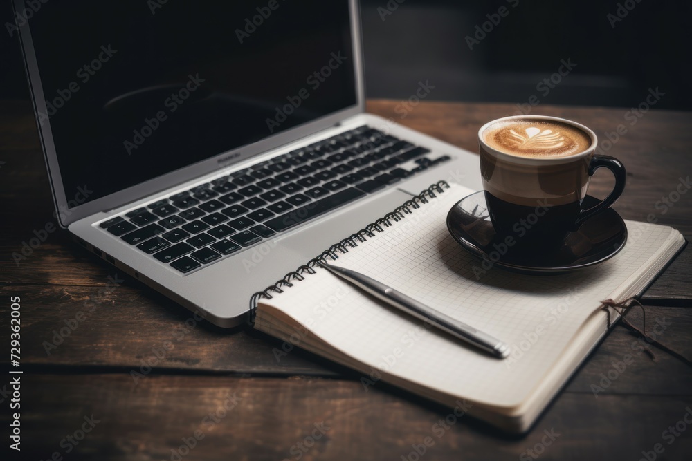 Laptop on wooden table with cup of coffee and notebook Laptop on wooden table with cup of coffee and notebook