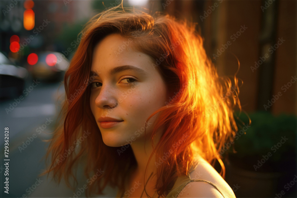 Beautiful Young Girl with Red Hair on City Street