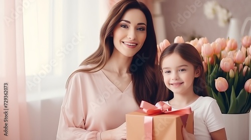 Happy mother's day! Beautiful young woman and her mother with flowers and gift box at home.