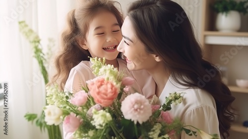 Happy mother's day! Child daughter congratulates mom and gives her flowers. Mum and girl smiling and hugging. Family holiday and togetherness.