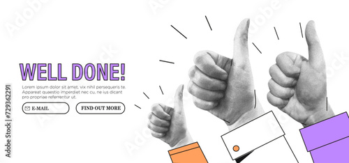 Thumb up hand gesture vector collage halftone illustration. Good, great job, well done, ok or like symbol business or marketing concept for website or social media banner, ui. Approval, agreement. photo