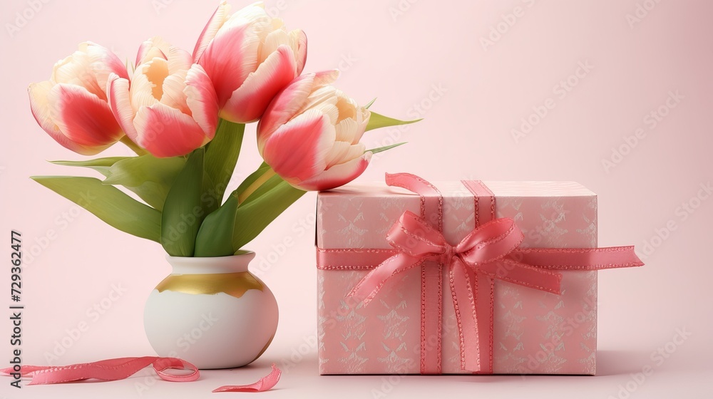 Happy Womens Day. 8 March design template. Pink number 8 with decorative gift box and flowers Happy Womens Day. 8 March design template. Pink number 8 with decorative gift box and flowers
