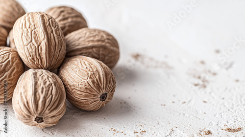 The Close Up Photography of Some Nutmeg Seeds, Textured Detail, Isolated On White, Perfect For Educational Content Or Spice Displays. photo