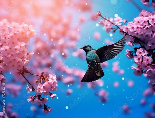 Bird flapping wings  in front of branches of pink Cherry Blossoms
