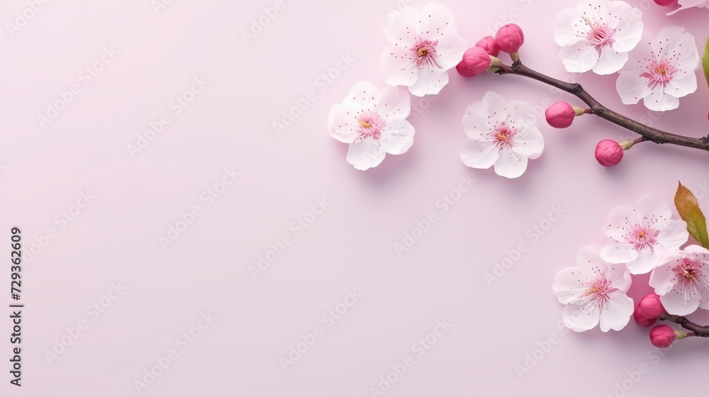 Happy women's day concept, pink plum blossom frame on pastel background. Flat lay ,top view Happy women's day concept, pink plum blossom frame on pastel background. Flat lay ,top view