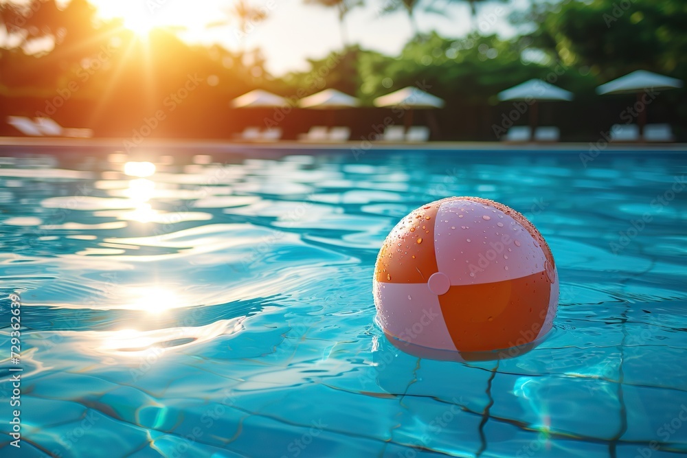 Sunset Serenity A Colorful Beach Ball Floating on a Crystal Clear Pool with Sun Loungers and Palm Trees in the Background