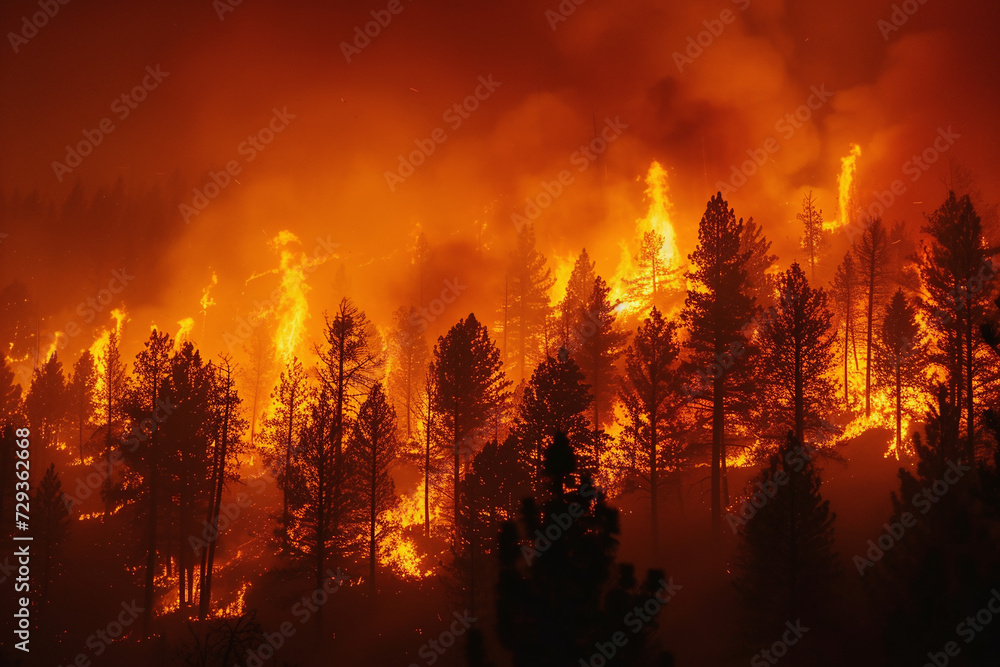 Fierce Forest Inferno at Night with Trees Engulfed in Flames and Billowing Smoke Highlighting Wildfire Severity Fierce Forest Inferno at Night with Trees Engulfed in Flames and Billowing Smoke Highlighting Wildfire Severity