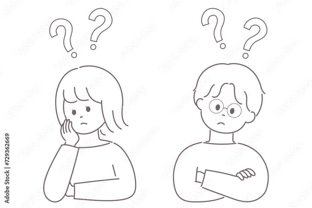 疑問を抱えて頭にクエスチョンマークを浮かべる男女のイラスト 疑問を抱えて頭にクエスチョンマークを浮かべる男女のイラスト