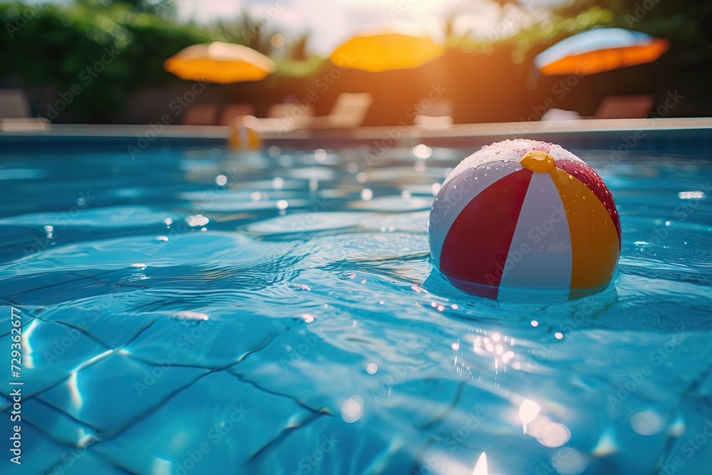 Sunset Serenity A Colorful Beach Ball Floating on a Crystal Clear Pool with Sun Loungers and Palm Trees in the Background