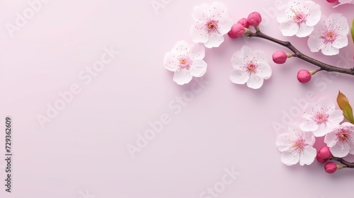 Happy women's day concept, pink plum blossom frame on pastel background. Flat lay ,top view