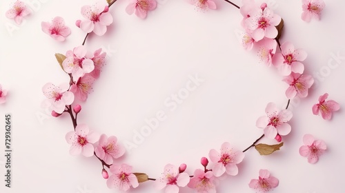 Happy women's day concept, pink plum blossom frame on pastel background. Flat lay ,top view © Tahir