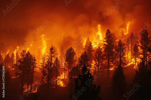 Fierce Forest Inferno at Night with Trees Engulfed in Flames and Billowing Smoke Highlighting Wildfire Severity