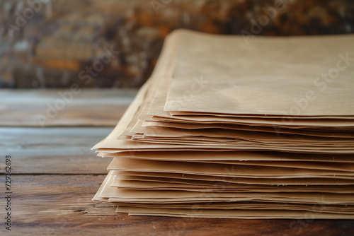 Stack of craft paper sheets on a wooden table, showcasing eco-friendly material and rustic creativity for art and design projects, against a natural, textured background