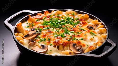 a dish of pasta with mushrooms and cheese
