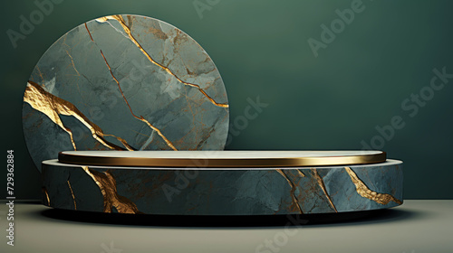 Azure podium for various crafts, in a minimalist style with places for copying. Stone with golden lines. Generative AI