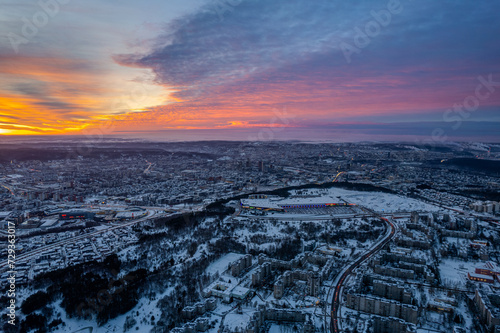 Aerial winter morning view of beautiful clouds sky in Fabijoni  k  s and   e  kin   district in Vilnius  Lithuania