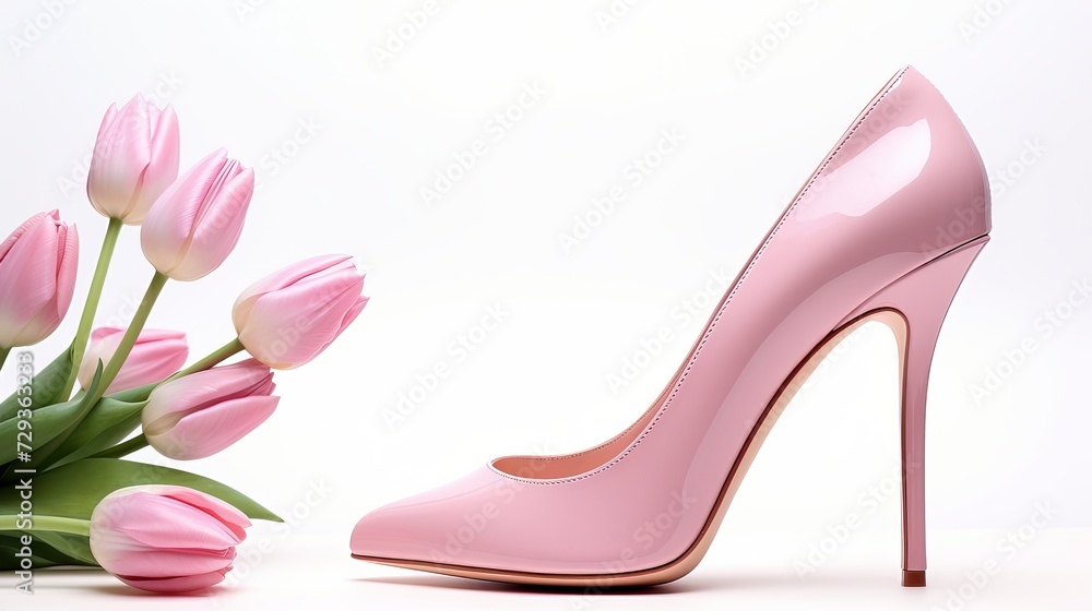 Ladies pink high heel shoe in profile with tulips inside, isolated with shadows on a white background, concept for female, love, valentines and womens day