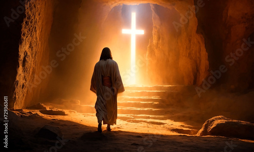 He is risen. Jesus Christ going toward a glowing cross in the cave after resurrection.
