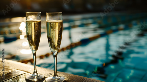 Cinematic wide angle photograph of two glasses of champagne at an olympic pool. Product photography.