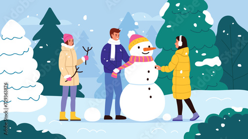 Vector illustration of a boy and girl sculpting a snowman. Cartoon scene of winter landscape with Christmas trees, smiling boy and girl dressed in winter clothes, sculpting and decorating snowman.