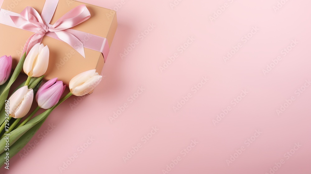 Mother's Day decorations concept. Top view photo of trendy gift boxes with ribbon bows and tulips on isolated pastel pink background with copyspace