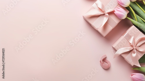 Mother's Day decorations concept. Top view photo of trendy gift boxes with ribbon bows and tulips on isolated pastel pink background with copyspace © Tahir