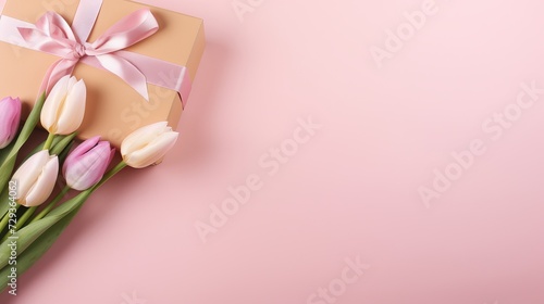 Mother's Day decorations concept. Top view photo of trendy gift boxes with ribbon bows and tulips on isolated pastel pink background with copyspace