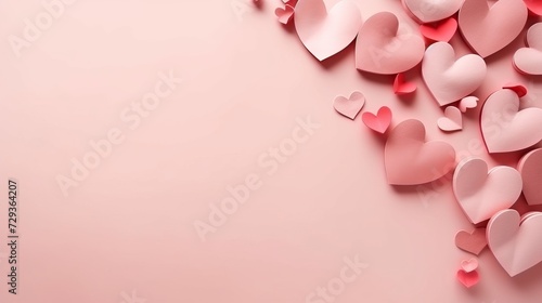 Passion Valentines day stage with levitate different size red hearts of paper on soft light pink color, border, copy space. Holiday love background for wedding, anniversary, invitation,