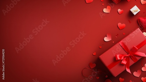 Paper art Valentine's day concept banner with hand made gift box, paper cut ribbon, bow, and a lot of hearts on a red background with space for text