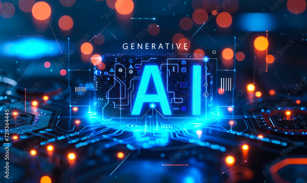 Futuristic Generative AI Concept with Glowing Blue Text on Digital Circuit Board Background, Symbolizing Advanced Technology and Artificial Intelligence Development Futuristic Generative AI Concept with Glowing Blue Text on Digital Circuit Board Background, Symbolizing Advanced Technology and Artificial Intelligence Development