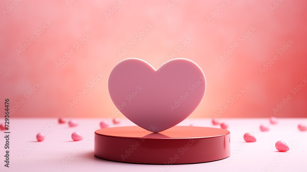 Pink empty podium with red heart over pastel background to show cosmetic products. Minimal romantic backdrop with stand for branding and presentation on Valentine's Day